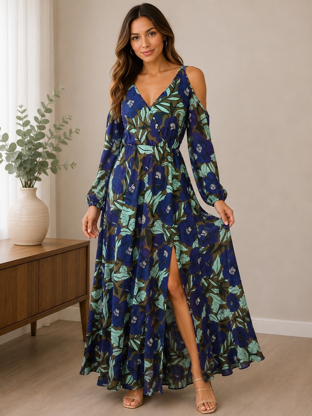 Judith March Navy Floral Cold-Shoulder Maxi Dress size Med Blue/Green Boho
